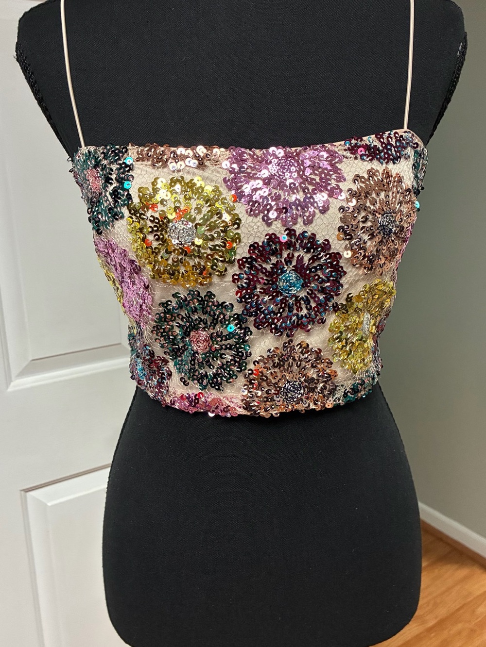 HAUSEN Floral Sequin Crop Top Cami Corset Bustier Bodice Pastel Small
